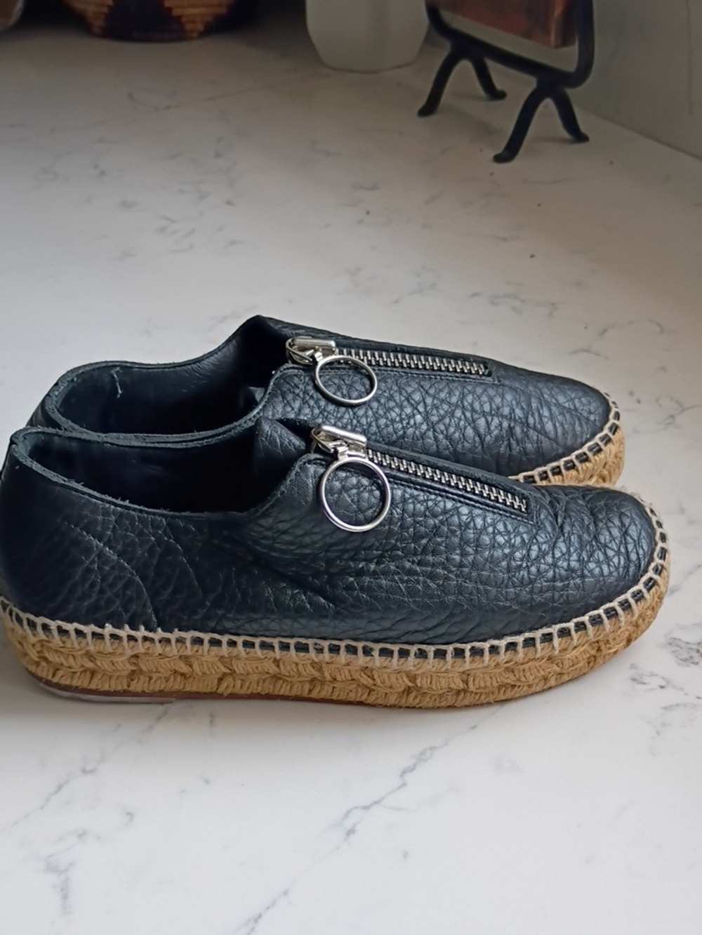 Alexander Wang Black Leather Zip Espadrille Platform Slip-On